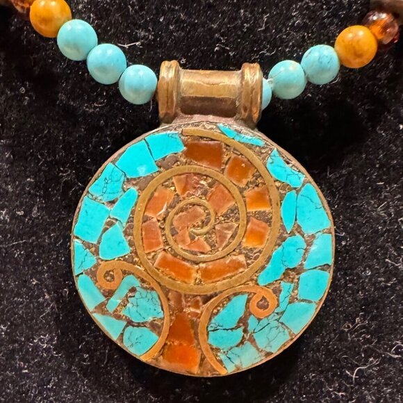 Beautiful Handmade Native American Faux Turquoise with Orgone Stone Pendant 16" - Picture 9 of 9